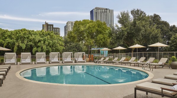 Outdoor pool, free pool cabanas, pool umbrellas