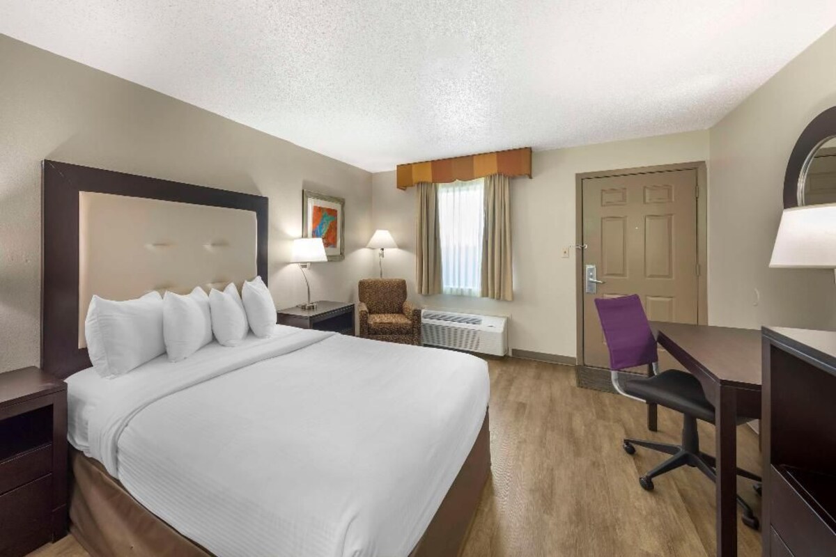 A hotel room with a large bed, a desk, a chair, a lamp, a heater, and a door.