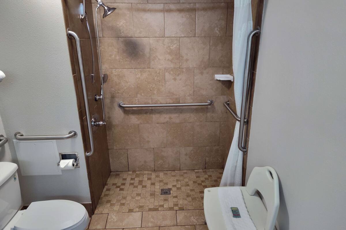 standard room, 1 king bed, accessible, non smoking | bathroom | free toiletries, hair dryer, towels, soap
