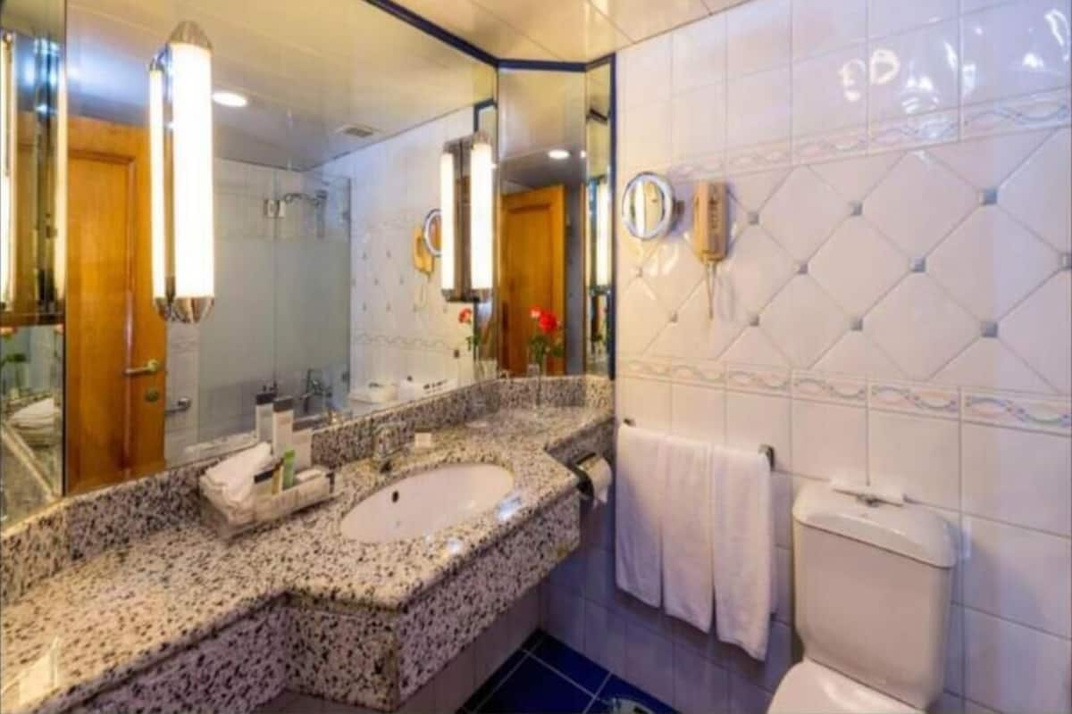 A bathroom with a granite countertop sink, a large mirror, a toilet, and a shower area.