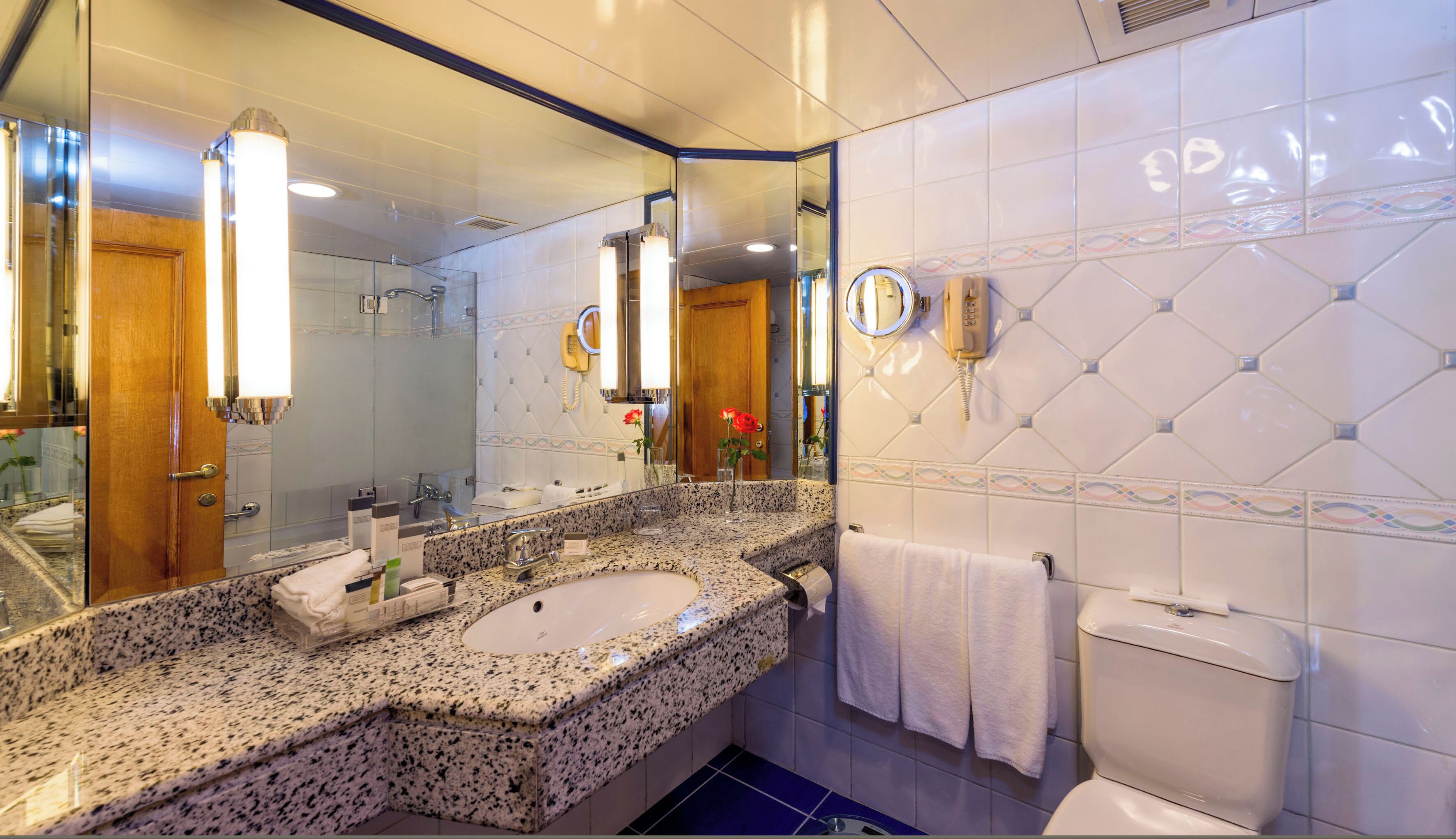 combined shower/bathtub, free toiletries, hair dryer, bathrobes