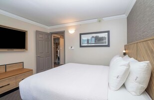 Habitación de hotel con una cama grande, televisión, armario y un cuadro en la pared.