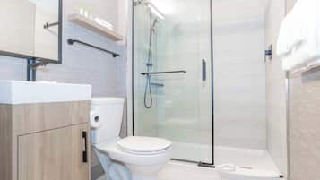 A modern bathroom with a toilet, a glass shower enclosure, and a wooden vanity.