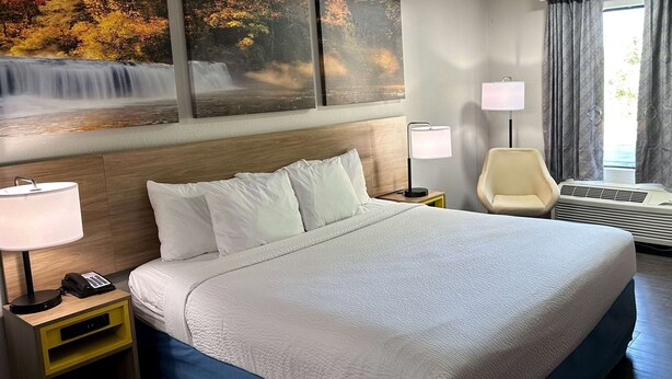 A hotel room with a large bed, a nightstand with a lamp, a chair, and a window with curtains. - Days Inn by Wyndham Columbia NE Fort Jackson (Columbia)