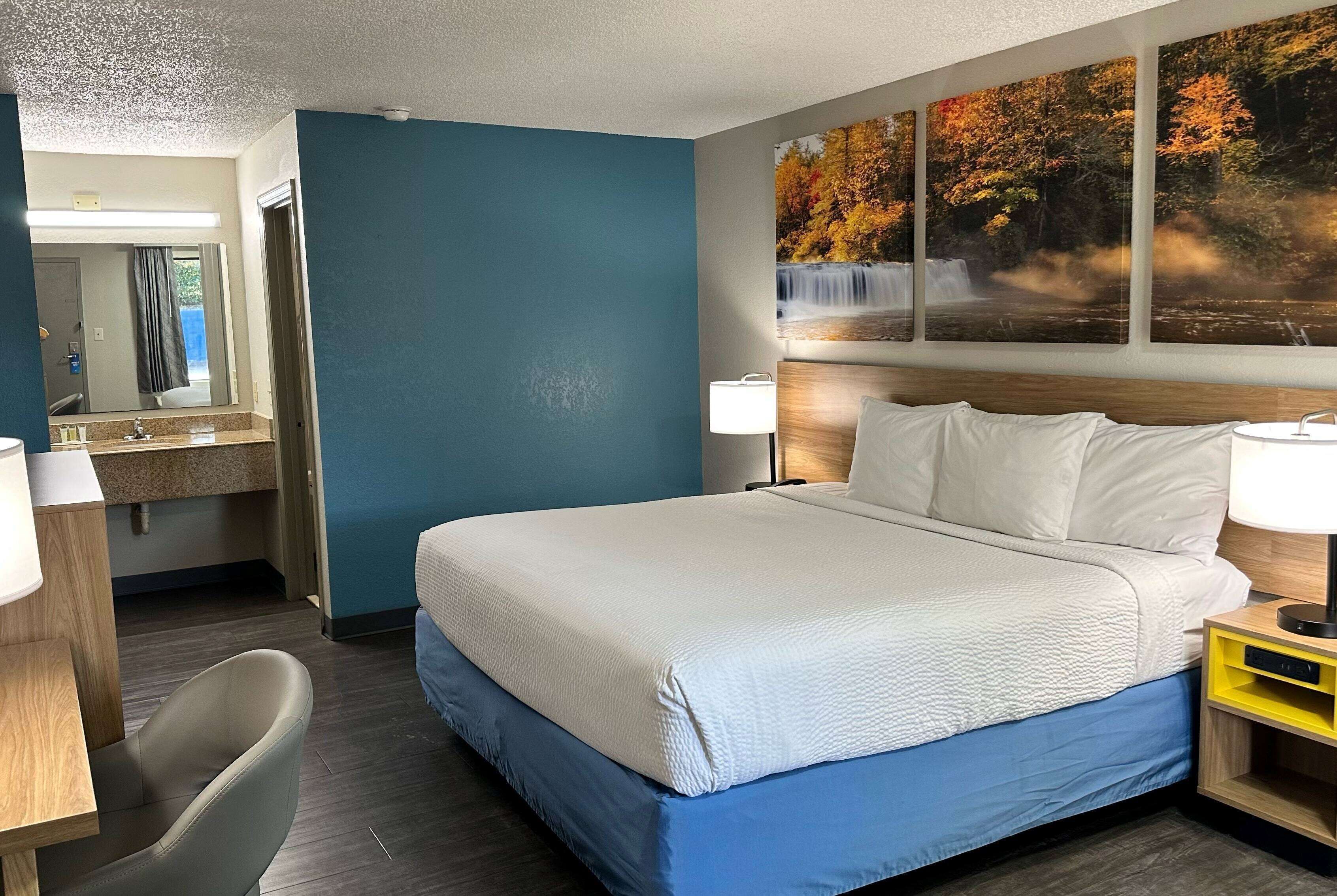 Habitación de hotel con una cama grande, un escritorio con una silla, un baño con espejo y un cuadro de temática natural en la pared.