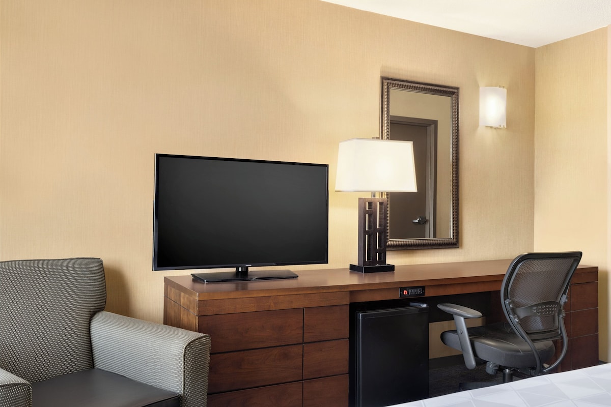 Habitación de hotel con televisión de pantalla plana, escritorio con lámpara, una silla y una cama.