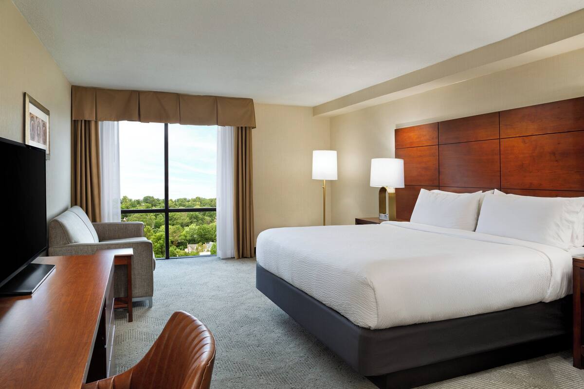 A hotel room with a large bed, a desk with a chair, a television, and a view of greenery through the window.