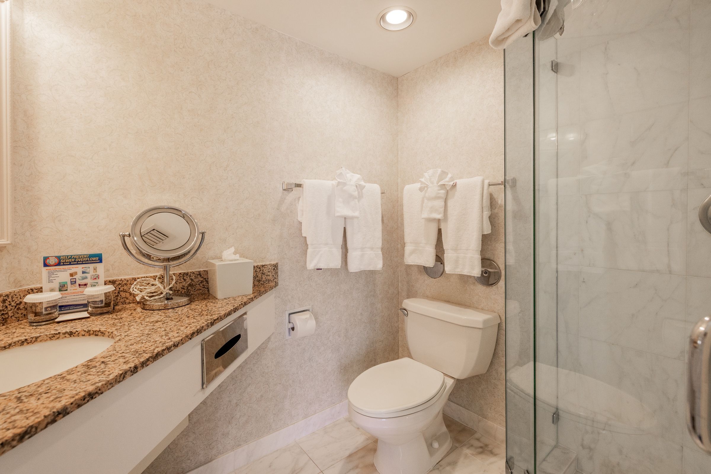 A bathroom with a toilet, a glass shower enclosure, a sink with a granite countertop, and a mirror.