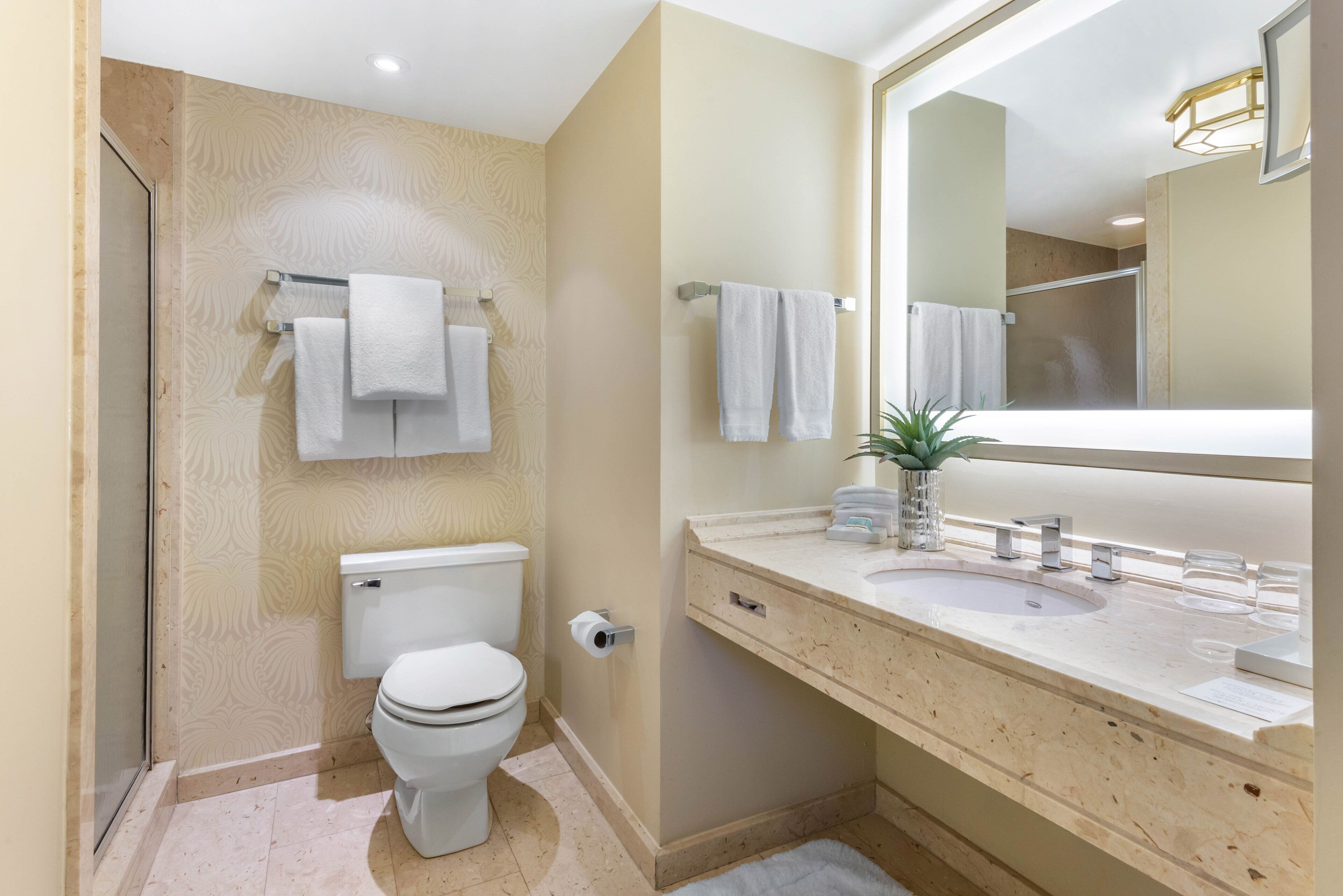 A modern bathroom with a toilet, sink, and mirror.