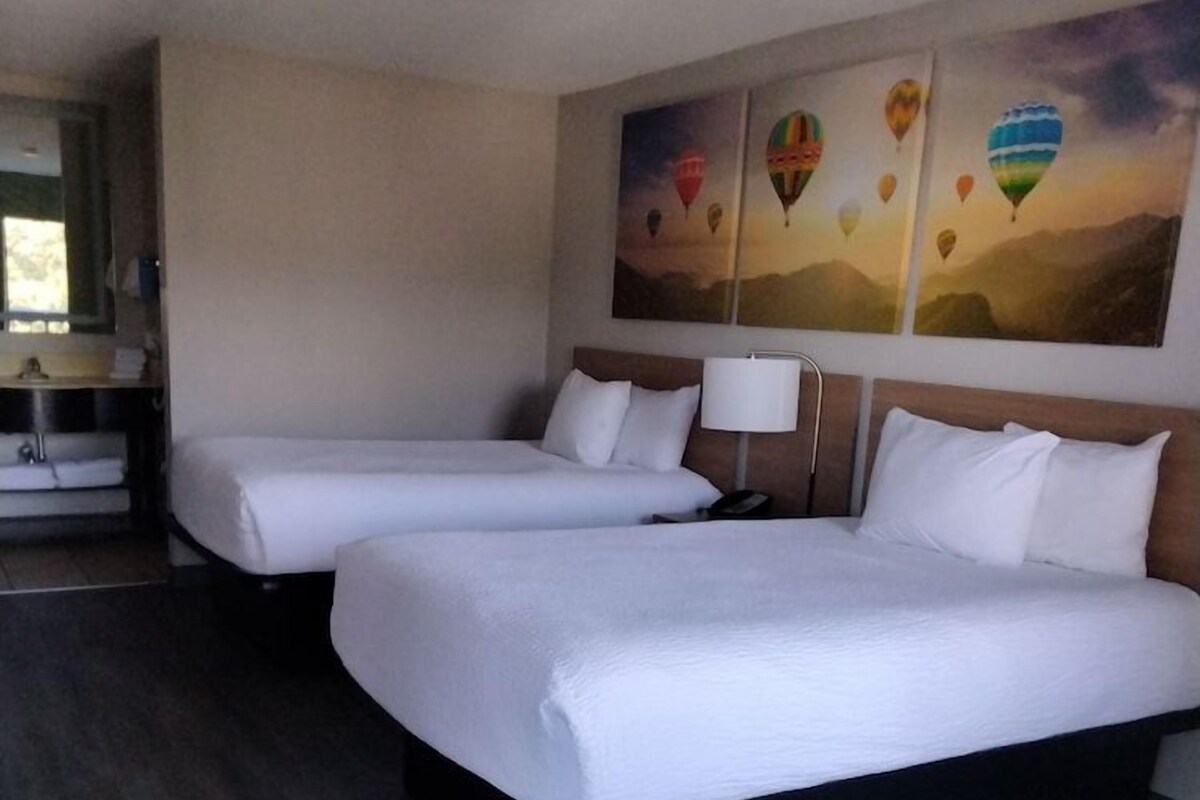 Premium bedding, desk, laptop workspace, blackout curtains