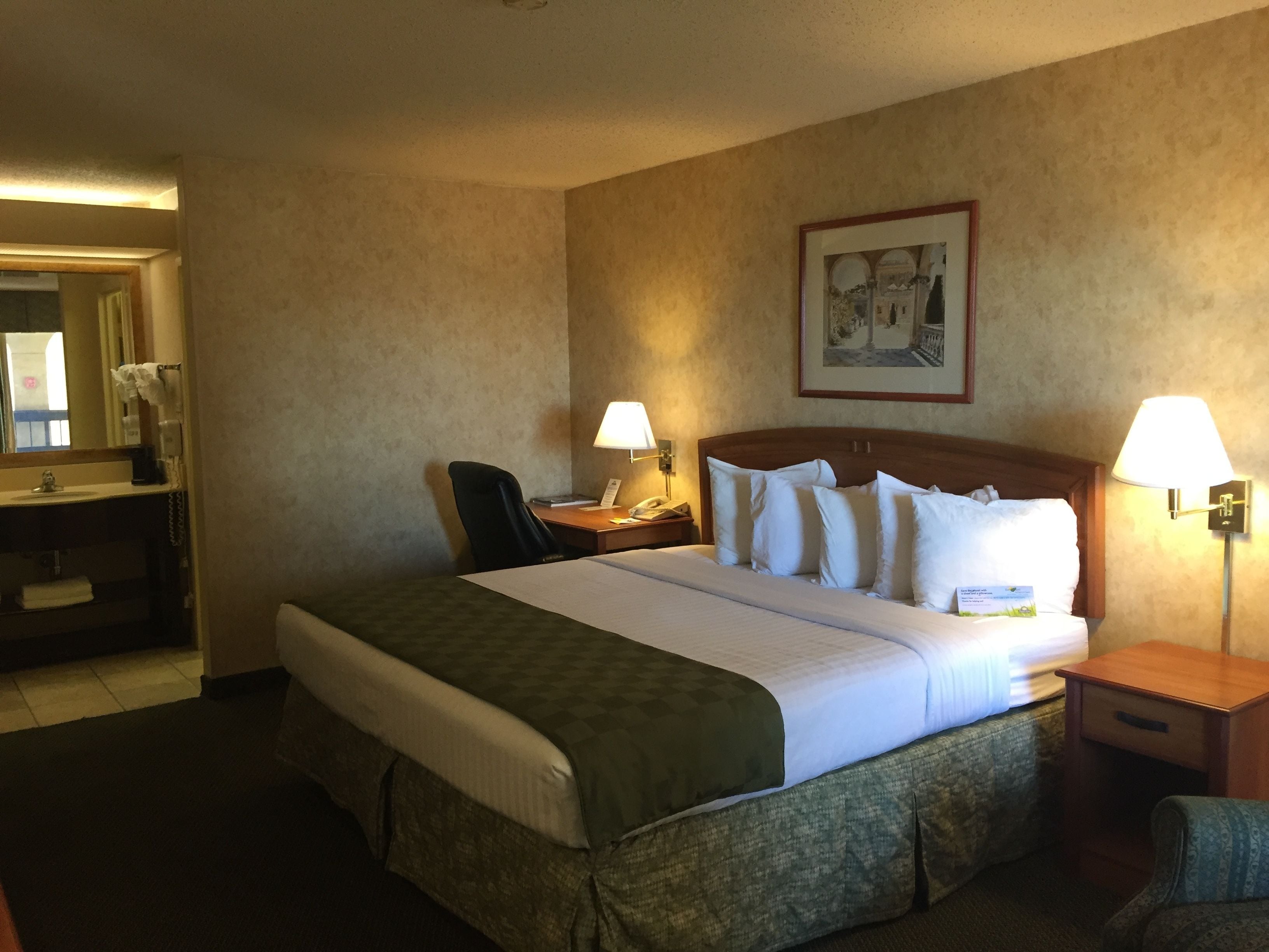 A hotel room with a bed, two bedside lamps, a desk, a chair, a mirror, and a framed picture on the wall.