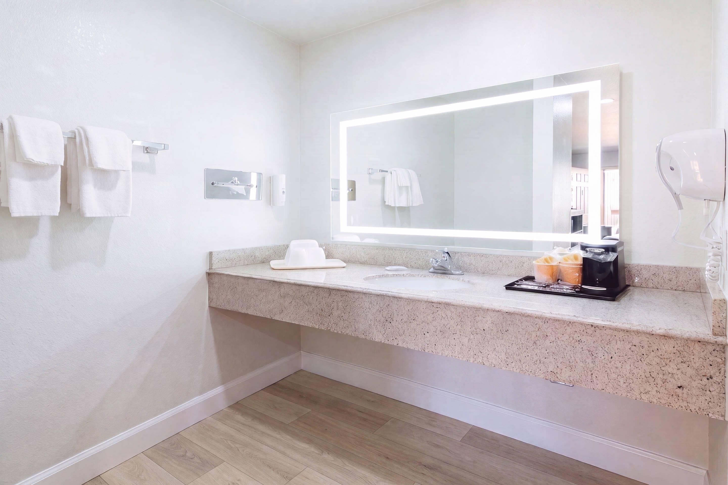 A modern bathroom with a granite countertop, a large mirror, a towel rack, and a hairdryer.