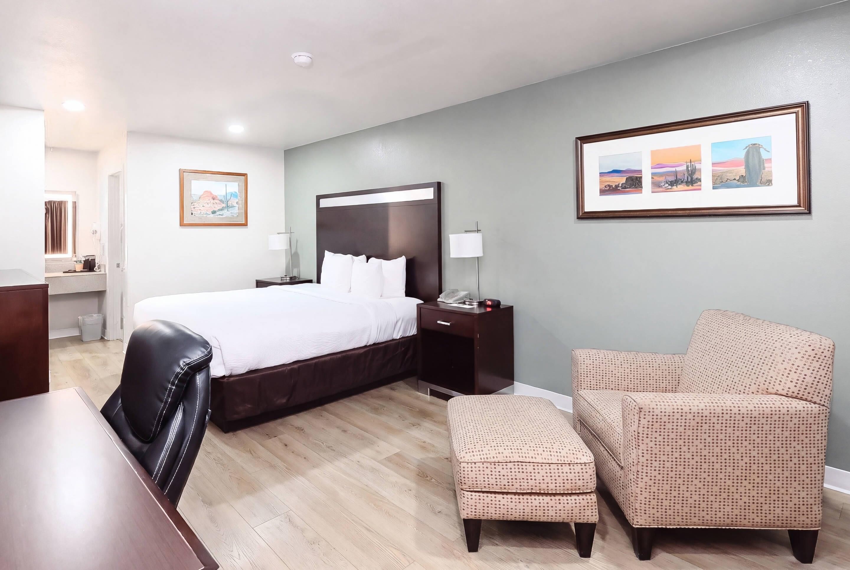 A hotel room with a bed, bedside tables, a desk, a chair, and a sofa.