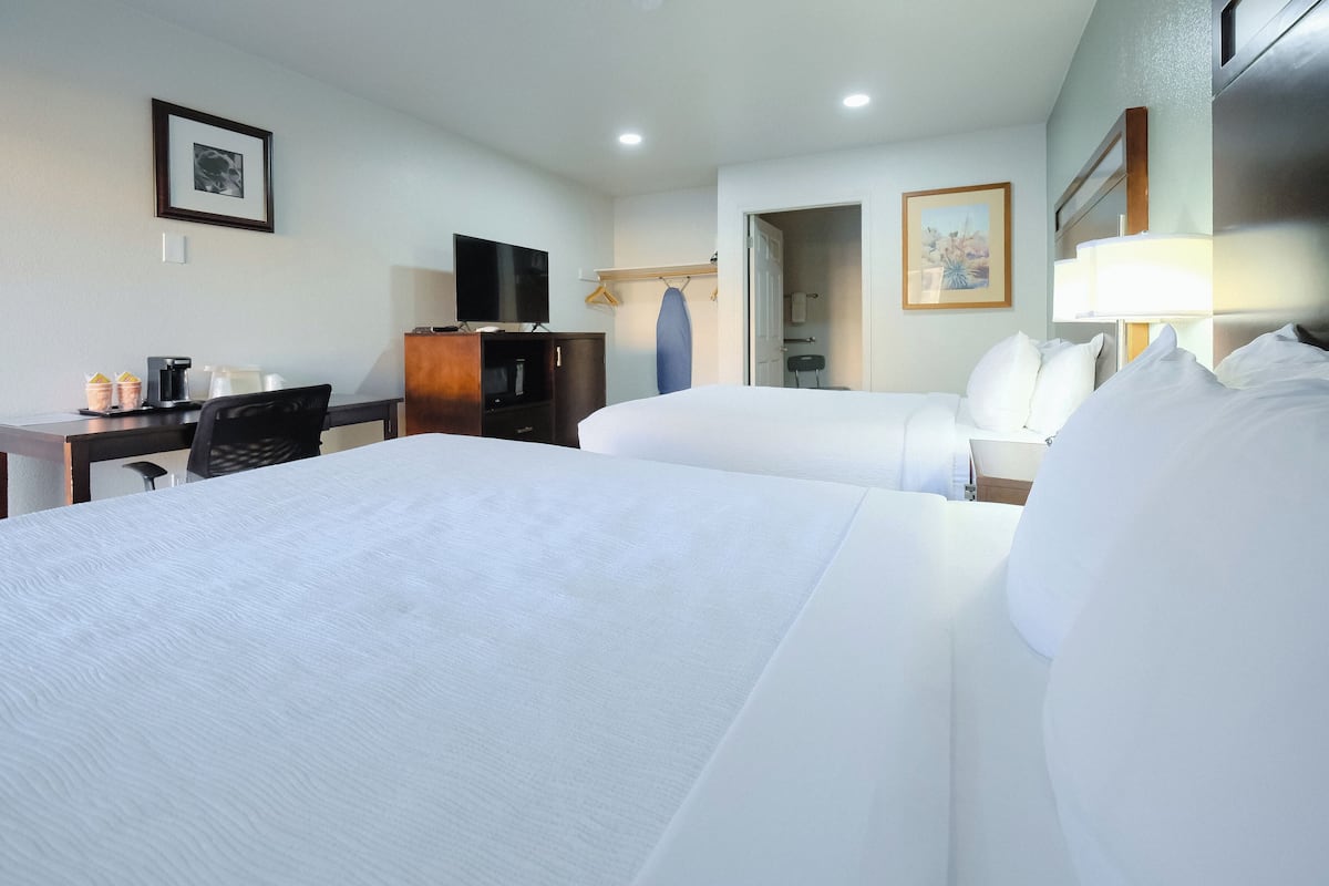 Pillow-top beds, desk, laptop workspace, iron/ironing board