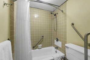 Basic Room, 1 Queen Bed | Bathroom | Combined shower/bathtub, towels