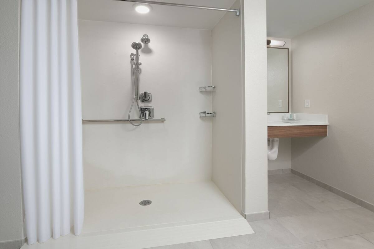A modern bathroom with a walk-in shower, a toilet, and a sink.