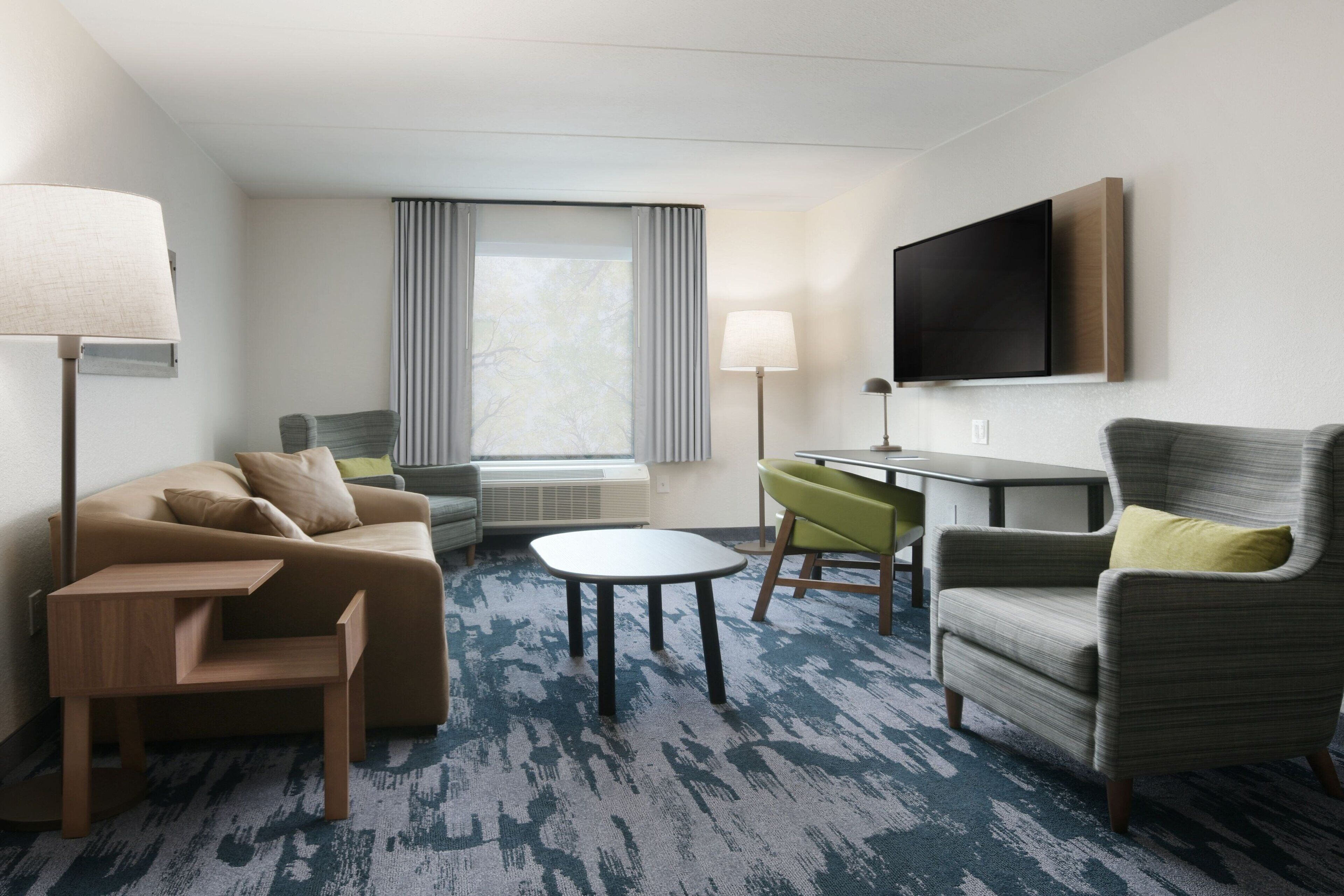 tempur-pedic beds, desk, blackout curtains, iron/ironing board