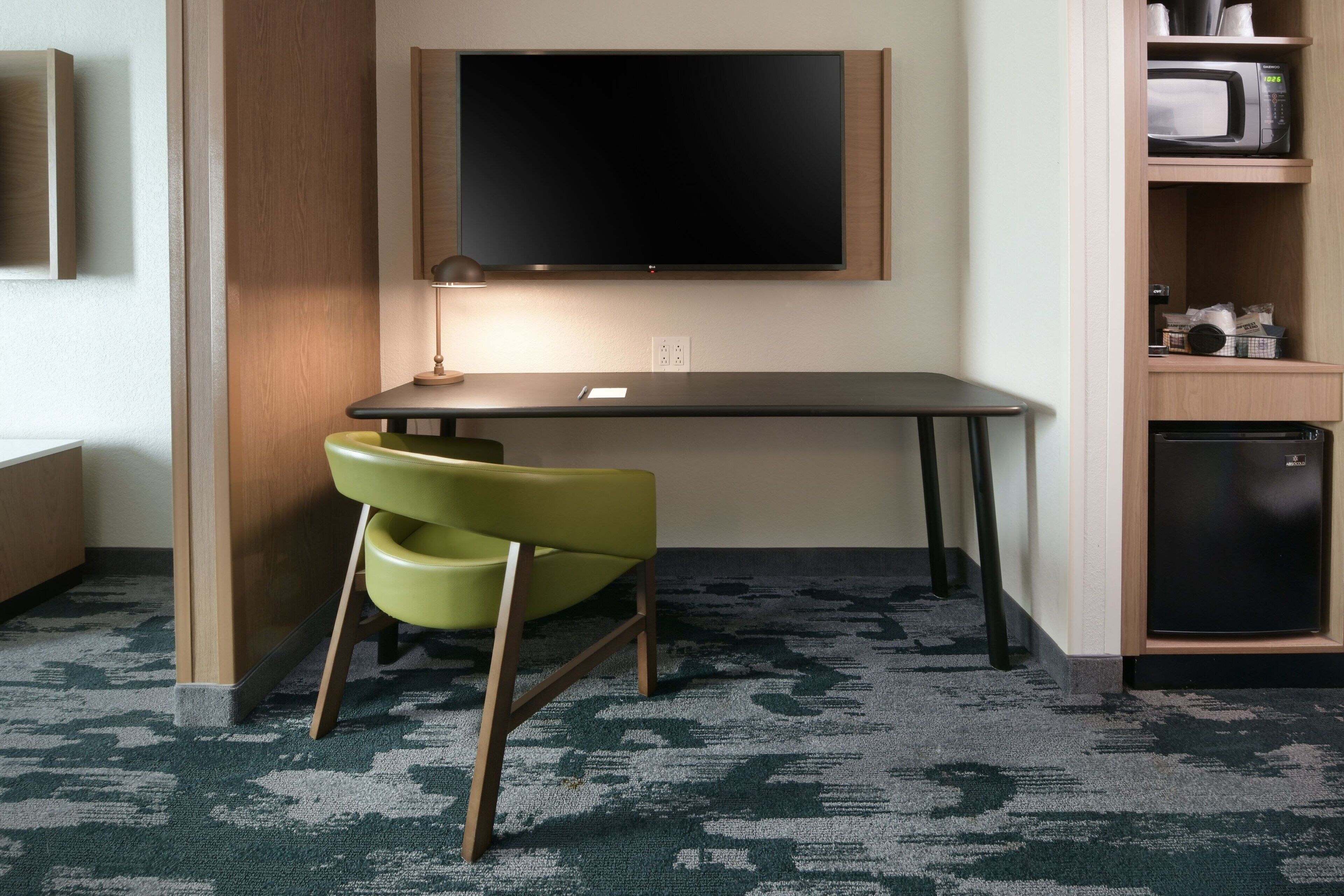 tempur-pedic beds, desk, blackout curtains, iron/ironing board