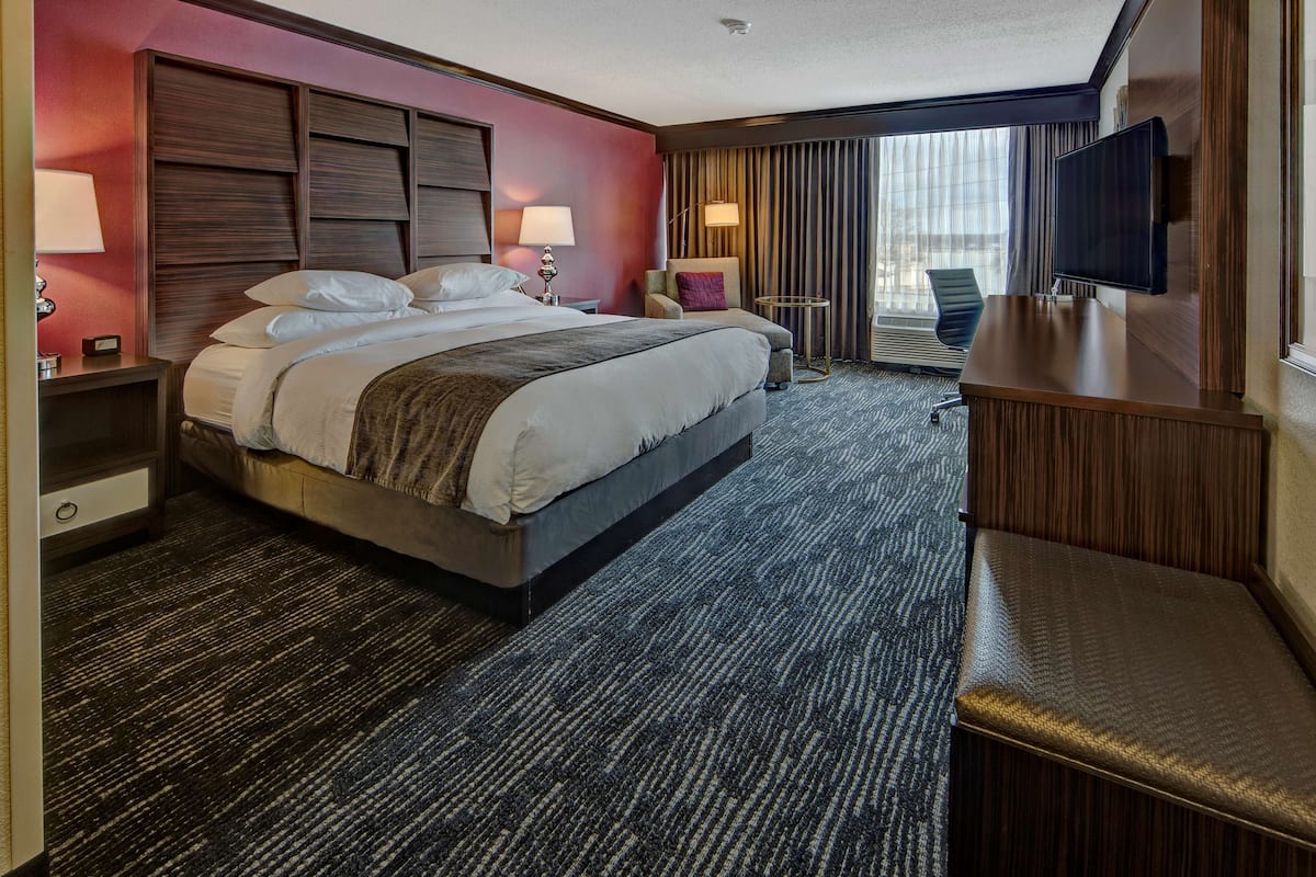A hotel room with a large bed, a desk, a TV, and a view of the outdoors through the window.