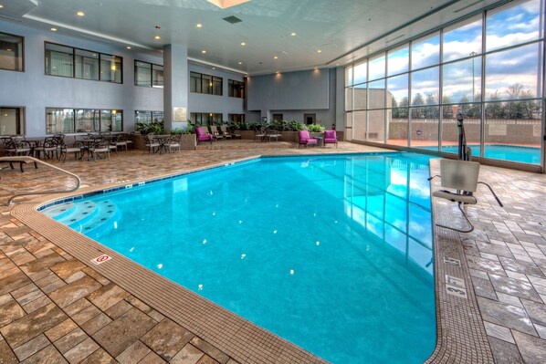 Indoor pool, outdoor pool, pool umbrellas, sun loungers