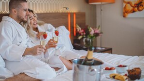 A couple in a hotel room, holding champagne glasses with strawberries, a bottle of champagne, and a plate of food. - Hotel Angeleno (Los Angeles)