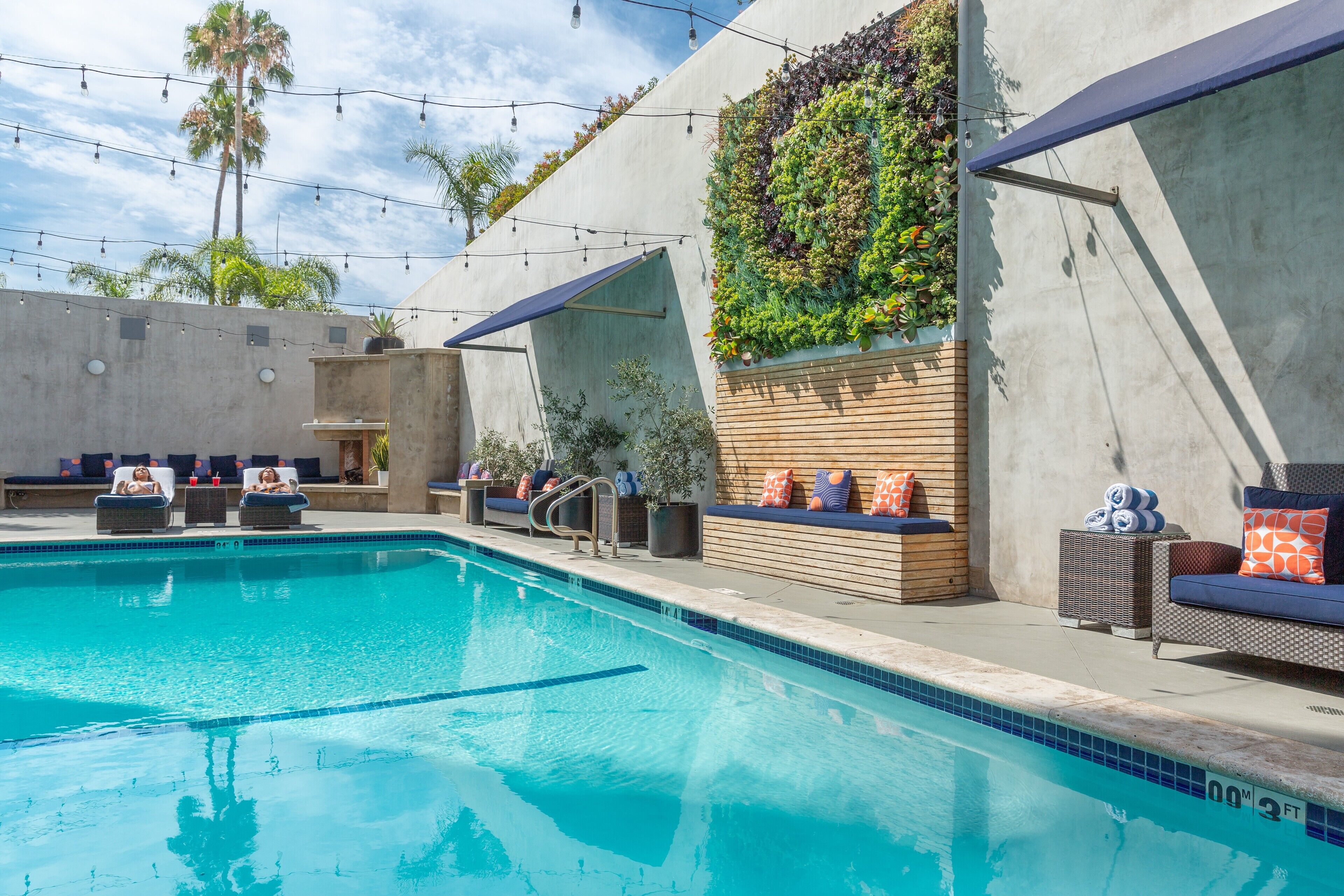 outdoor pool, pool loungers