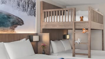 Premium bedding, pillow-top beds, laptop workspace, iron/ironing board