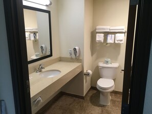 Shower, free toiletries, hair dryer, towels