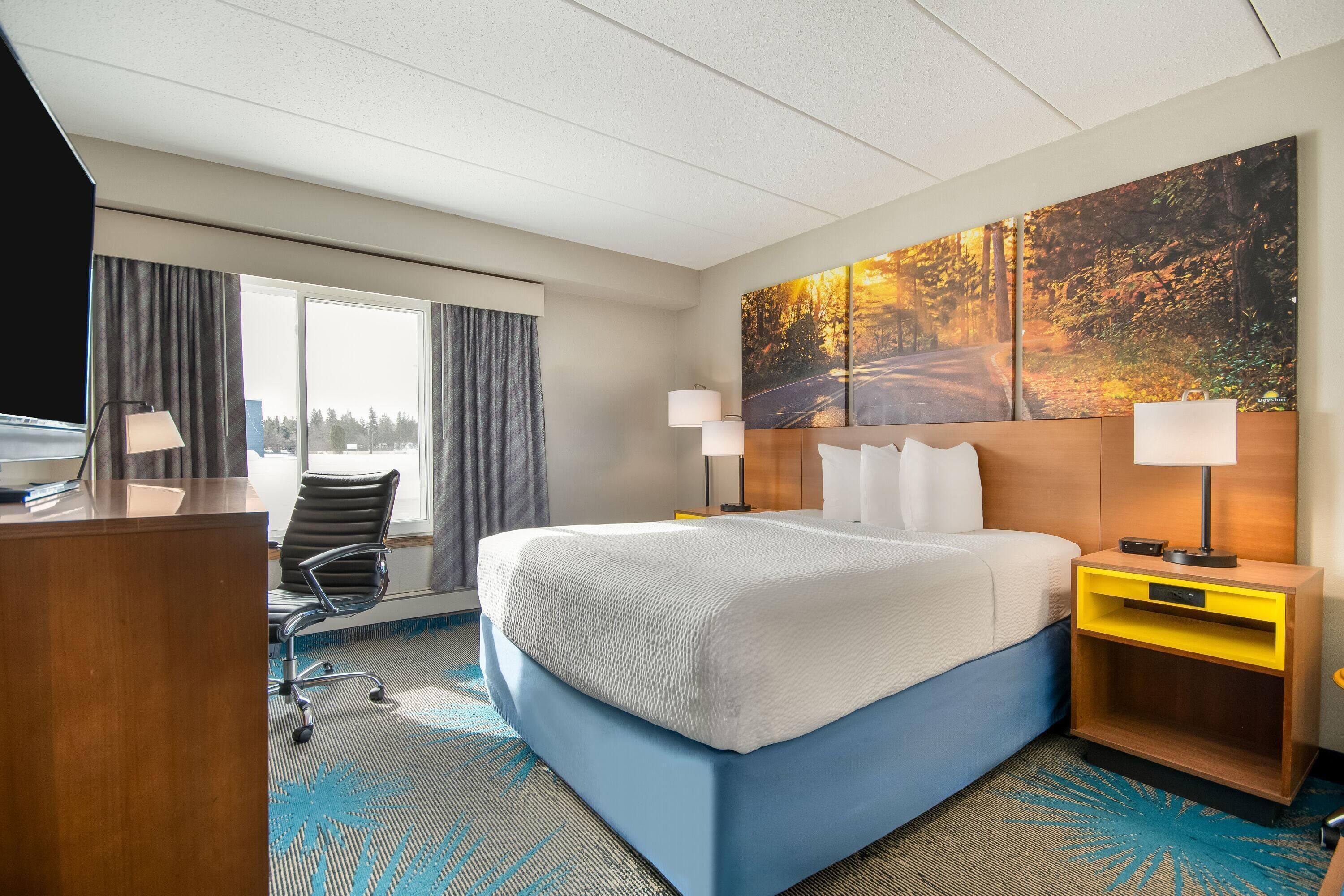 A hotel room with a large bed, a desk, a chair, and a view of a forest through the window.