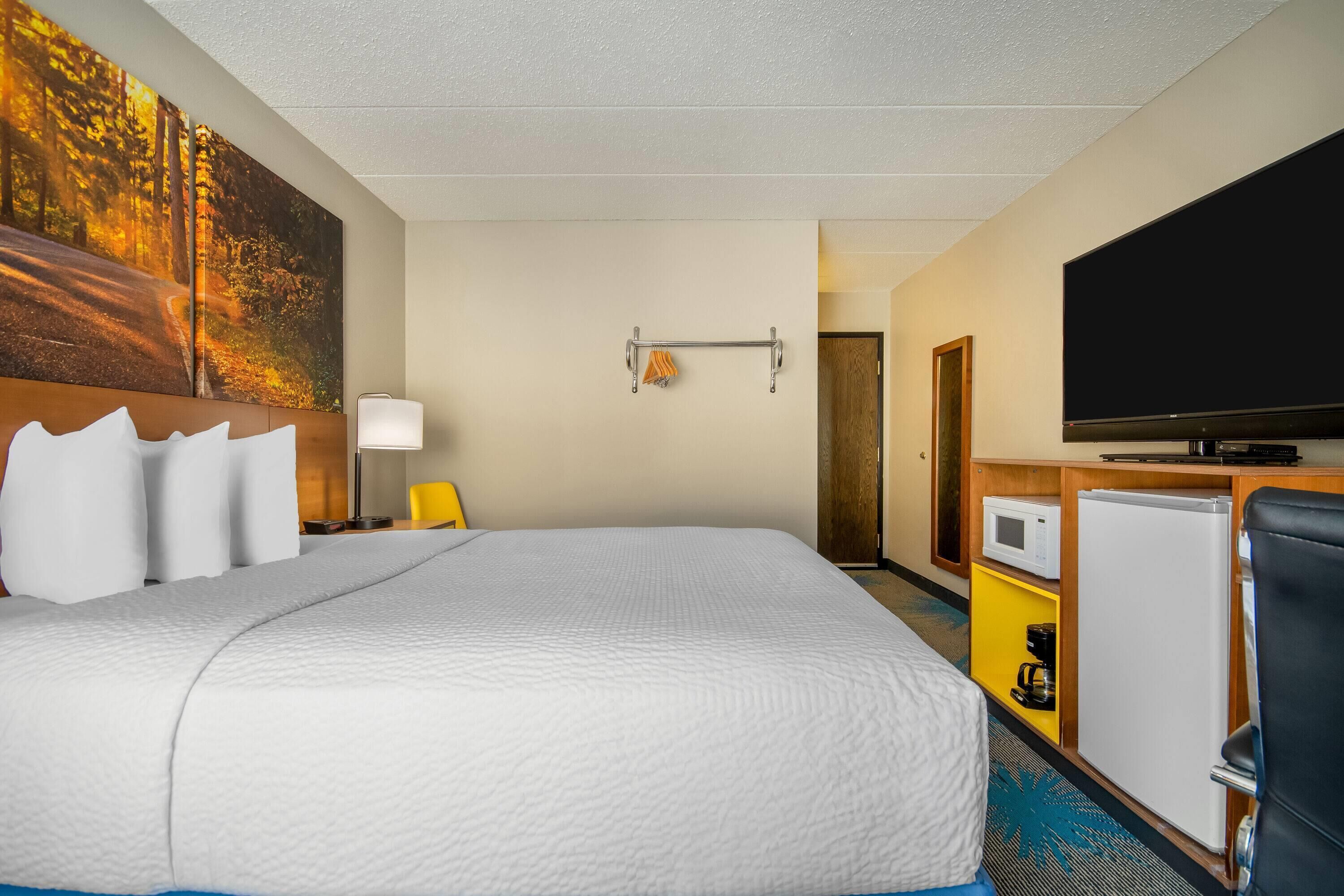 Une chambre d’hôtel avec un grand lit, un téléviseur à écran plat, un petit réfrigérateur et un tableau au mur.