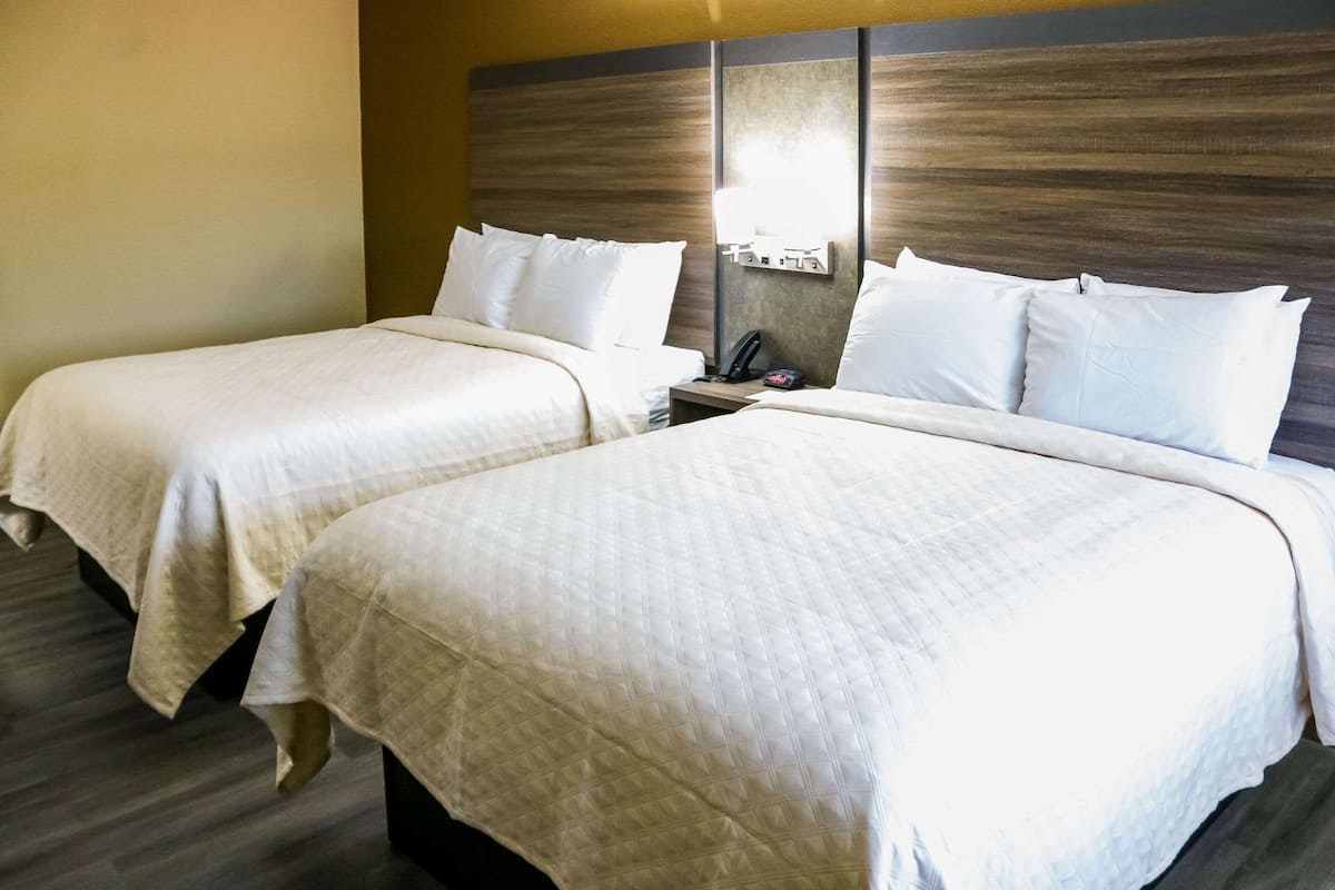 Une chambre d’hôtel avec deux lits, une table de chevet, une lampe et un luminaire fixé au mur.