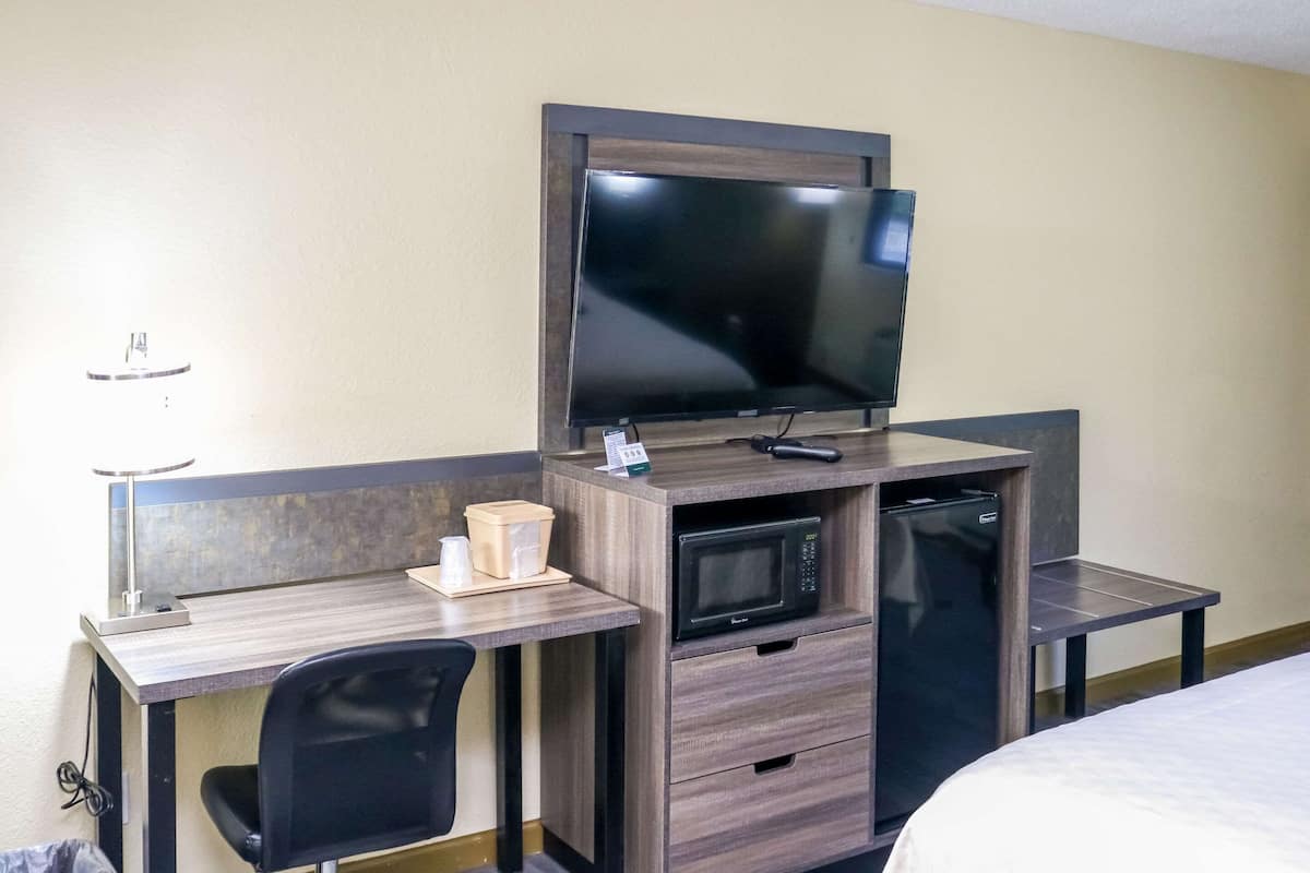 Une chambre d’hôtel équipée d’un lit, d’un bureau avec un ordinateur, d’un four à micro-ondes et d’une télévision.