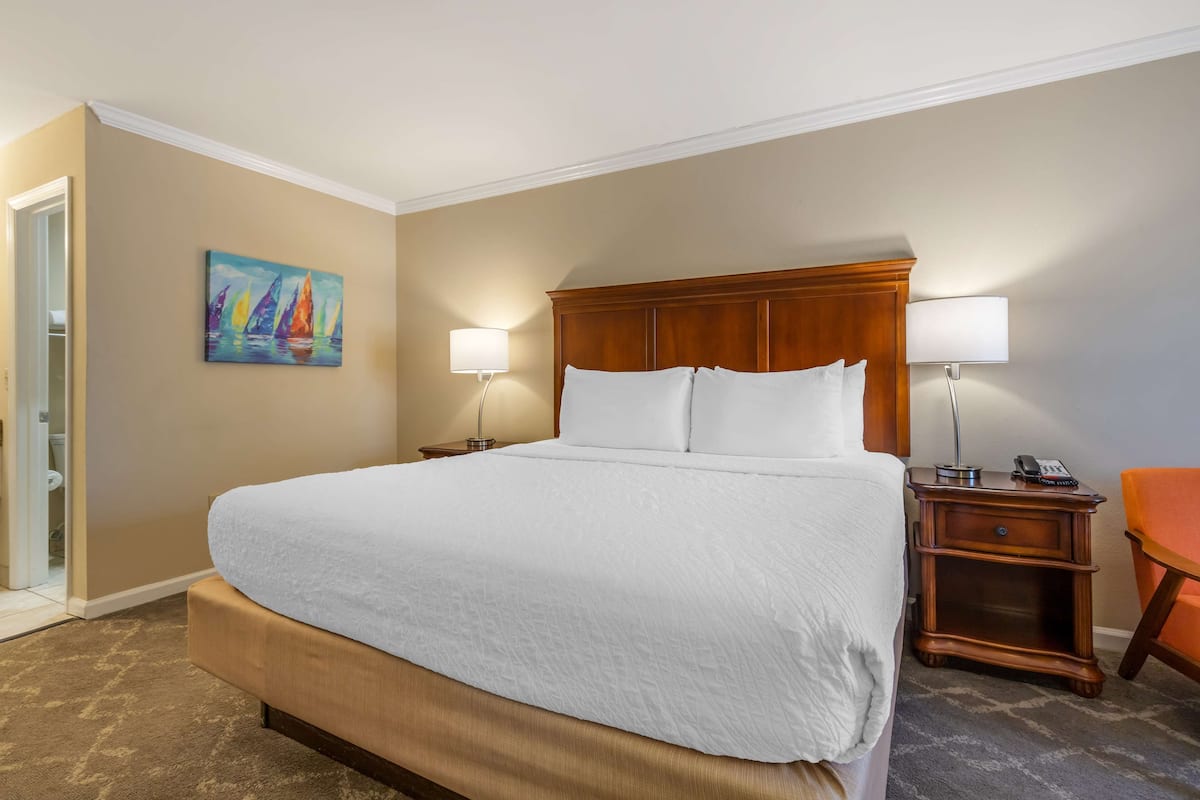 A hotel room with a large bed, two bedside tables with lamps, a wooden headboard, and a painting on the wall.
