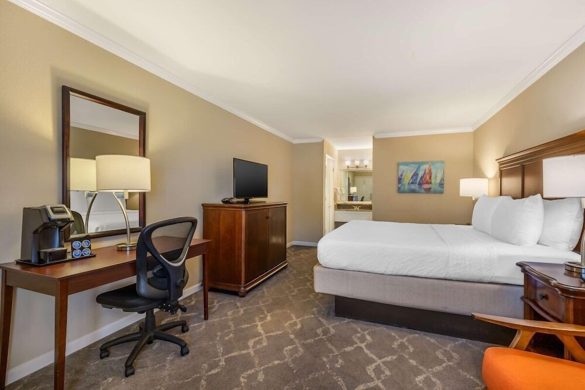 Ein Hotelzimmer mit Bett, Schreibtisch, Stuhl, Fernseher und einem Bild an der Wand.