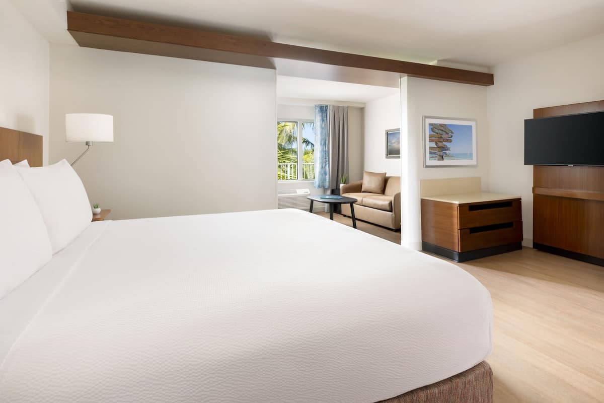 A hotel room with a large bed, a desk, a chair, a TV, and a window with a view of palm trees.