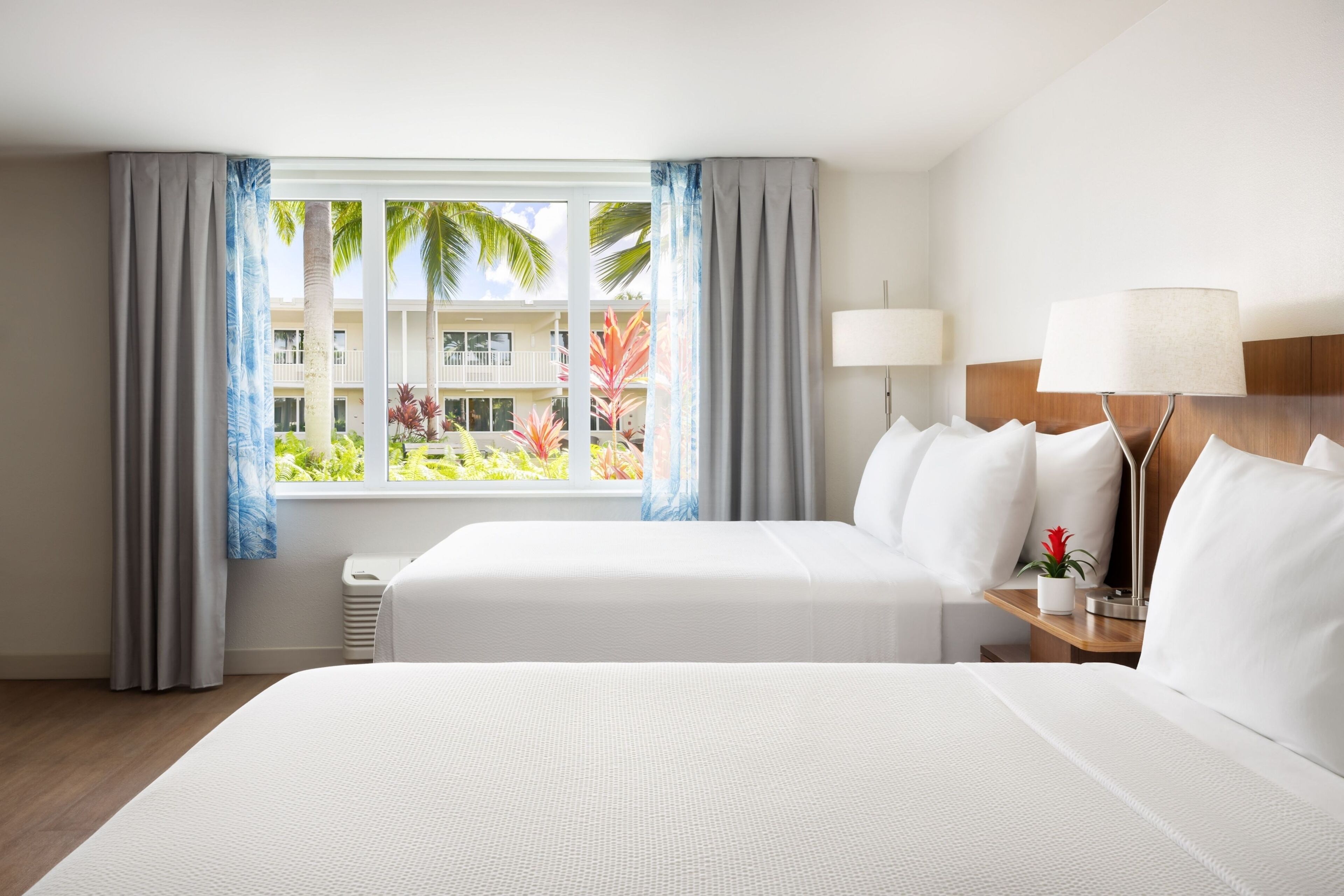 Une chambre d’hôtel avec deux lits, une fenêtre avec des rideaux, une table de chevet avec une lampe et une vue sur un immeuble bordé de palmiers.