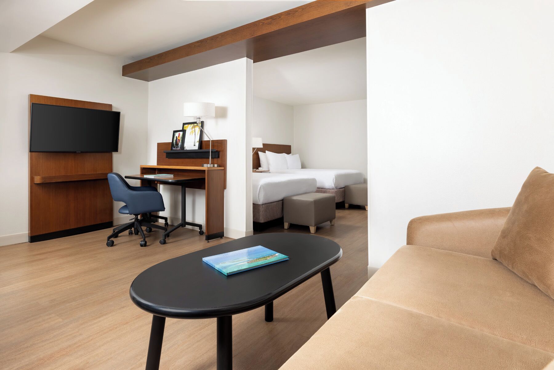 Una habitación de hotel con una cama, un escritorio, una silla, un televisor y un sofá.