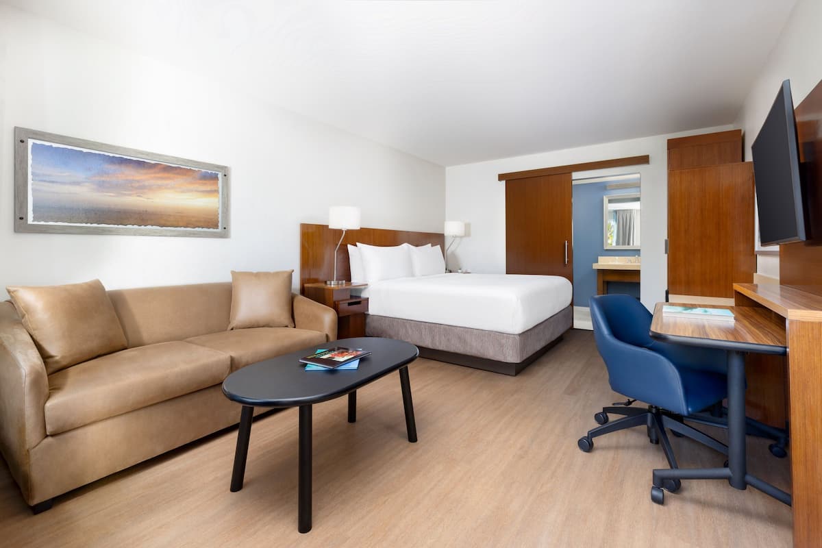 A hotel room with a bed, a sofa, a desk, and a TV.