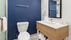 Une salle de bain avec un mur bleu, des toilettes blanches et un meuble-lavabo en bois doté d’un miroir.
