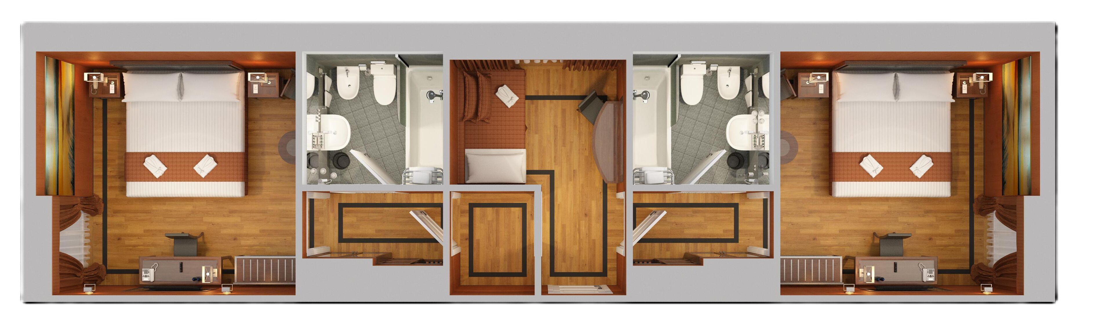 A hotel room layout with a bed, two bathrooms, a sitting area, and a kitchenette.