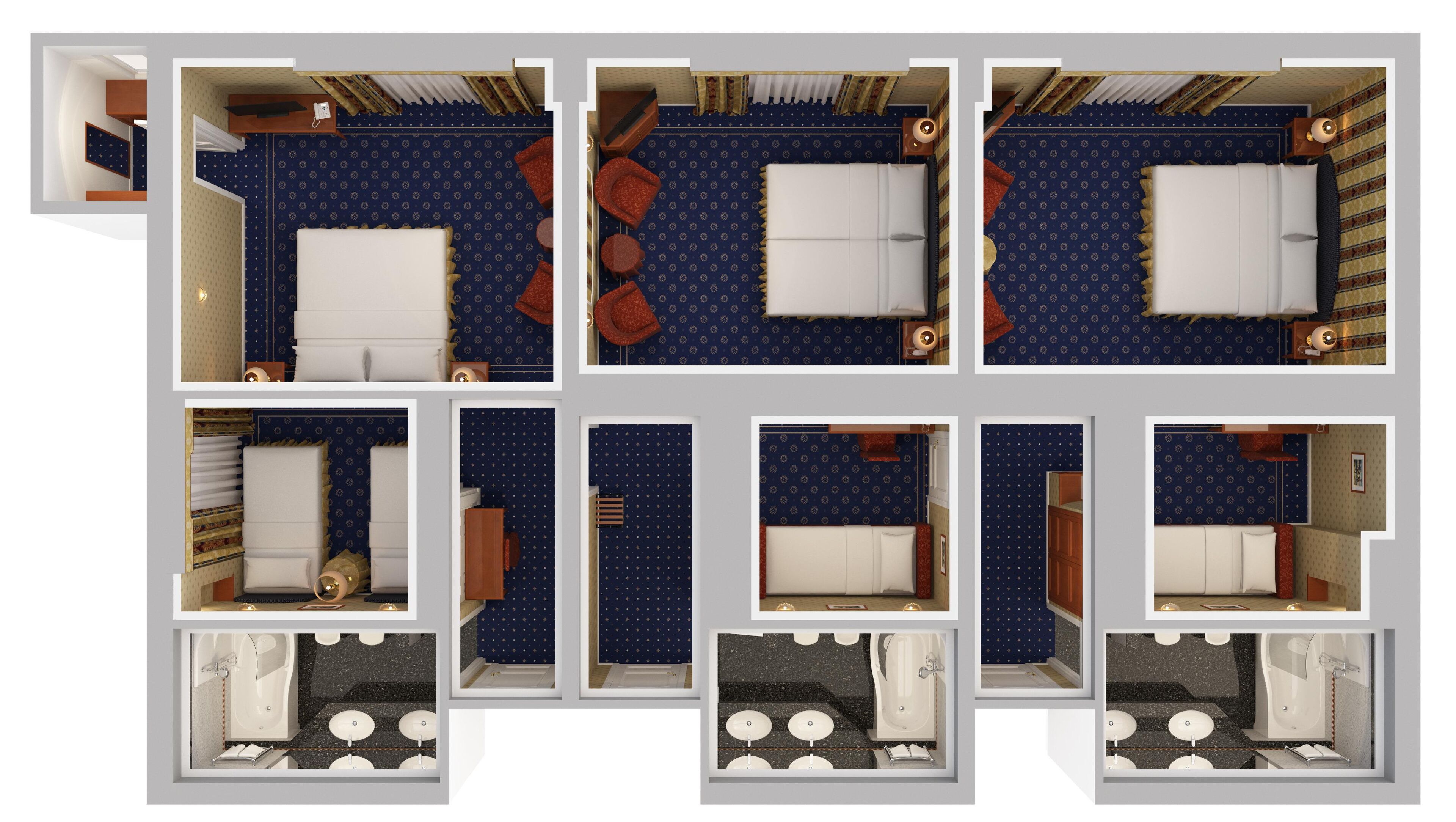 A hotel room with a large bed, a desk, a chair, a wardrobe, and a bathroom with a bathtub and toilet.