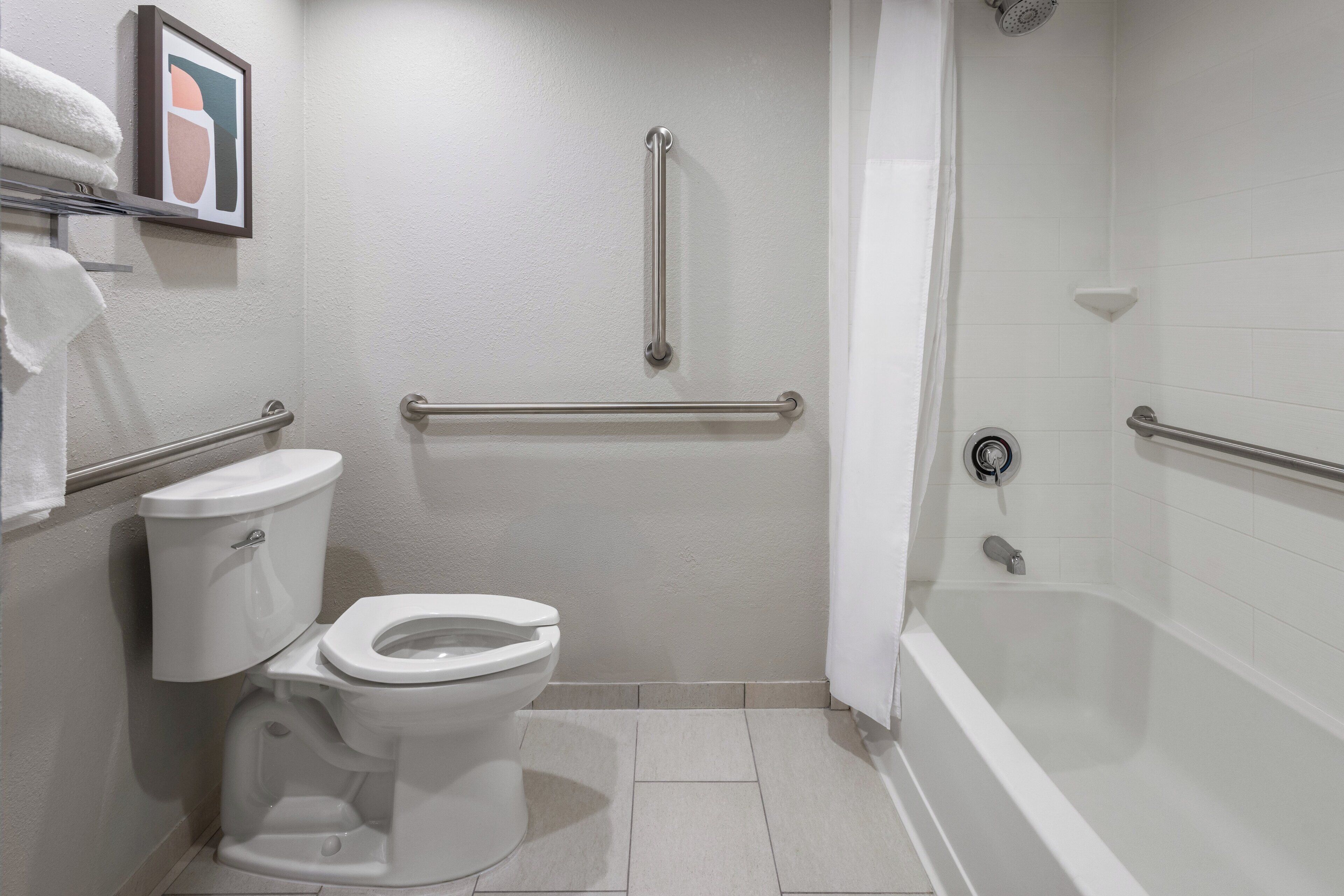 A bathroom with a toilet, a shower, and handrails.