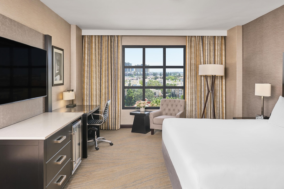 A hotel room with a bed, a desk with a chair, a TV, and a view of the city.