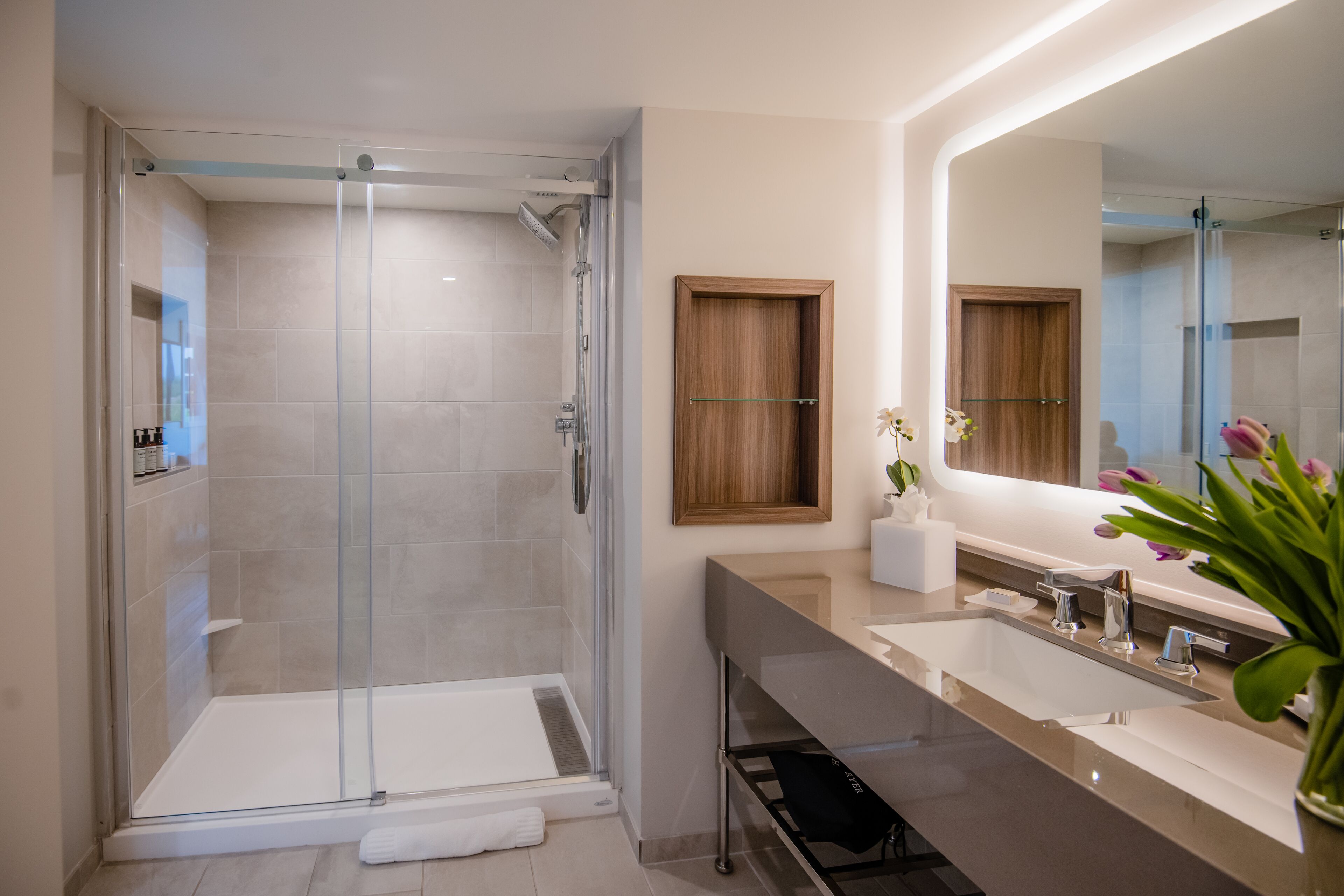 shower, designer toiletries, hair dryer, bathrobes