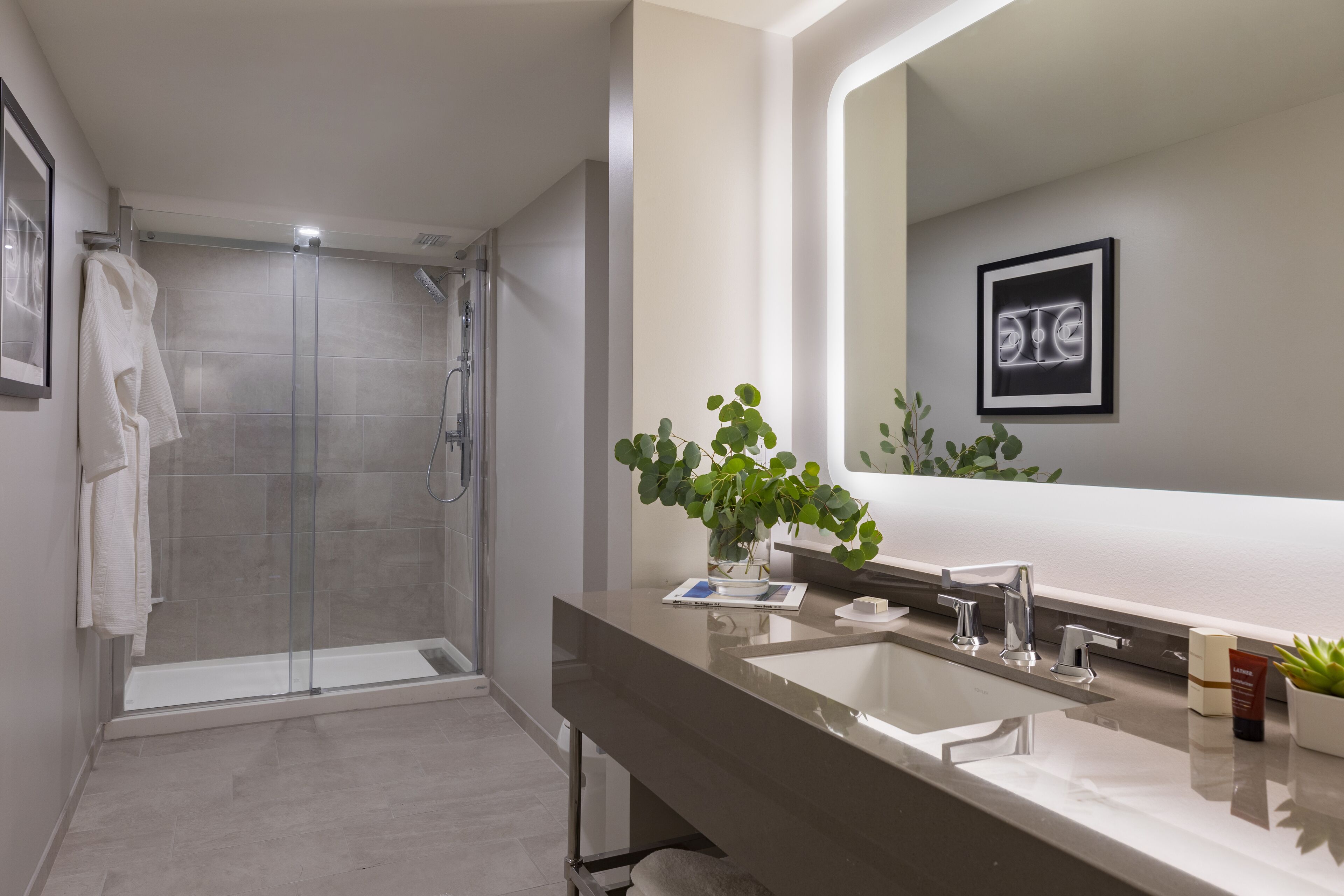 madera queen queen | bathroom | shower, designer toiletries, hair dryer, bathrobes