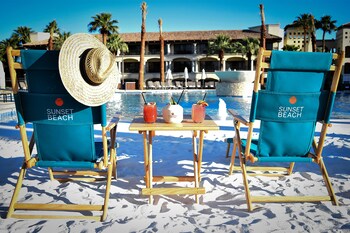 Private beach, white sand, beach cabanas, sun loungers at Fairmont Scottsdale Princess