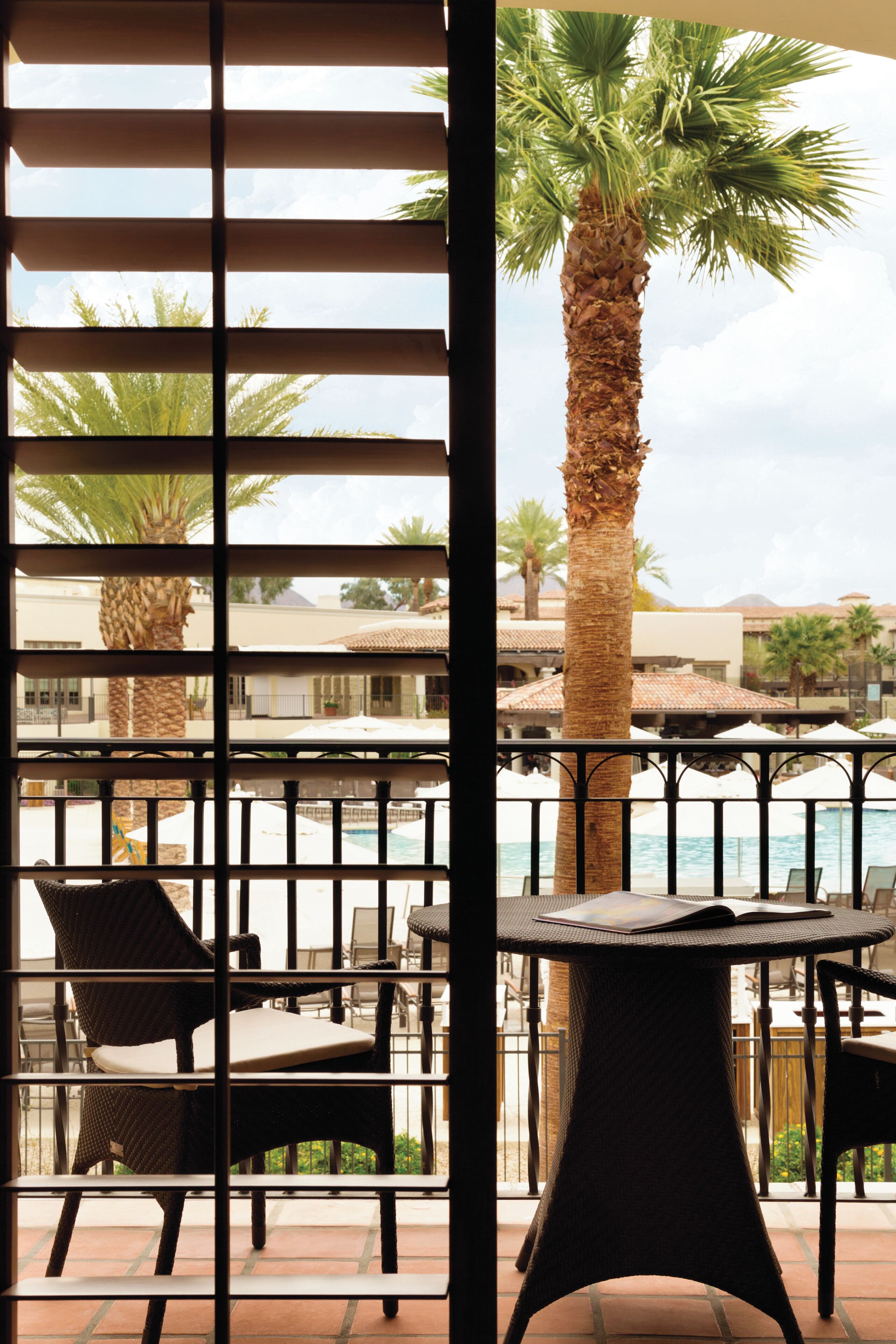 A balcony with wicker furniture, a palm tree, and a pool view.