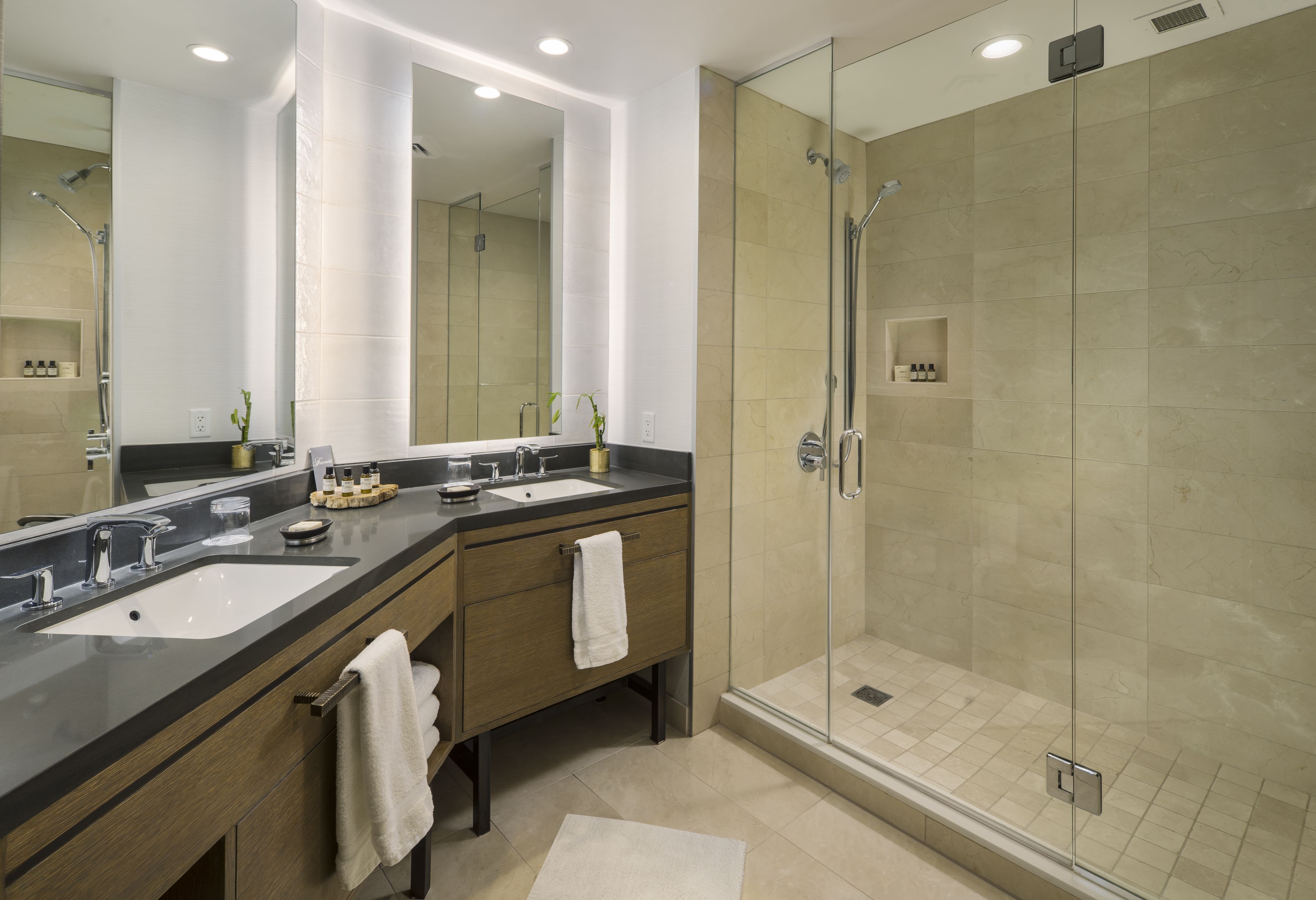 designer toiletries, hair dryer, bathrobes, towels