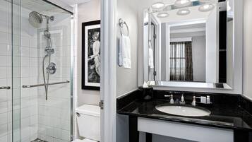 Shower, hydromassage showerhead, designer toiletries, hair dryer