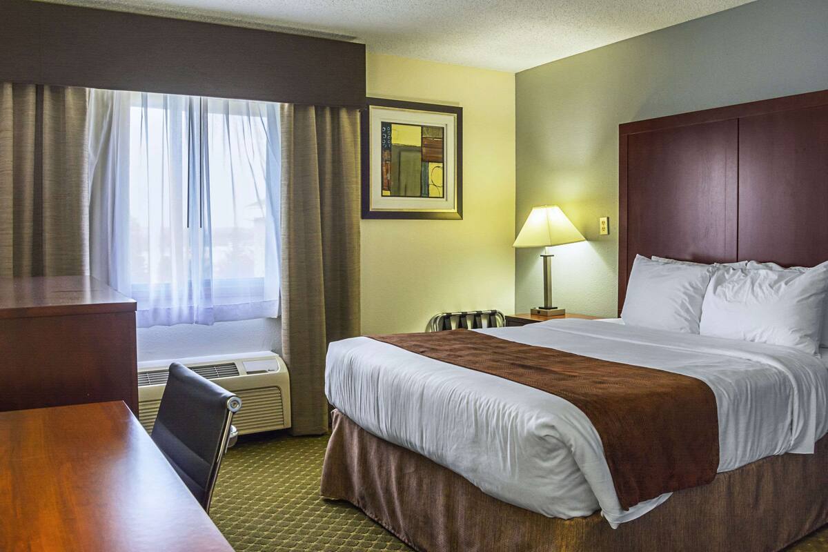 A hotel room with a bed, a desk, a chair, a window with curtains, an air conditioner, a lamp, and a framed picture on the wall.